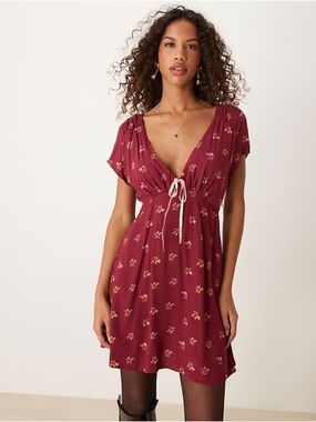 NWT Free People Mini Dress Burgundy Floral Smocked Cottagecore spring boho